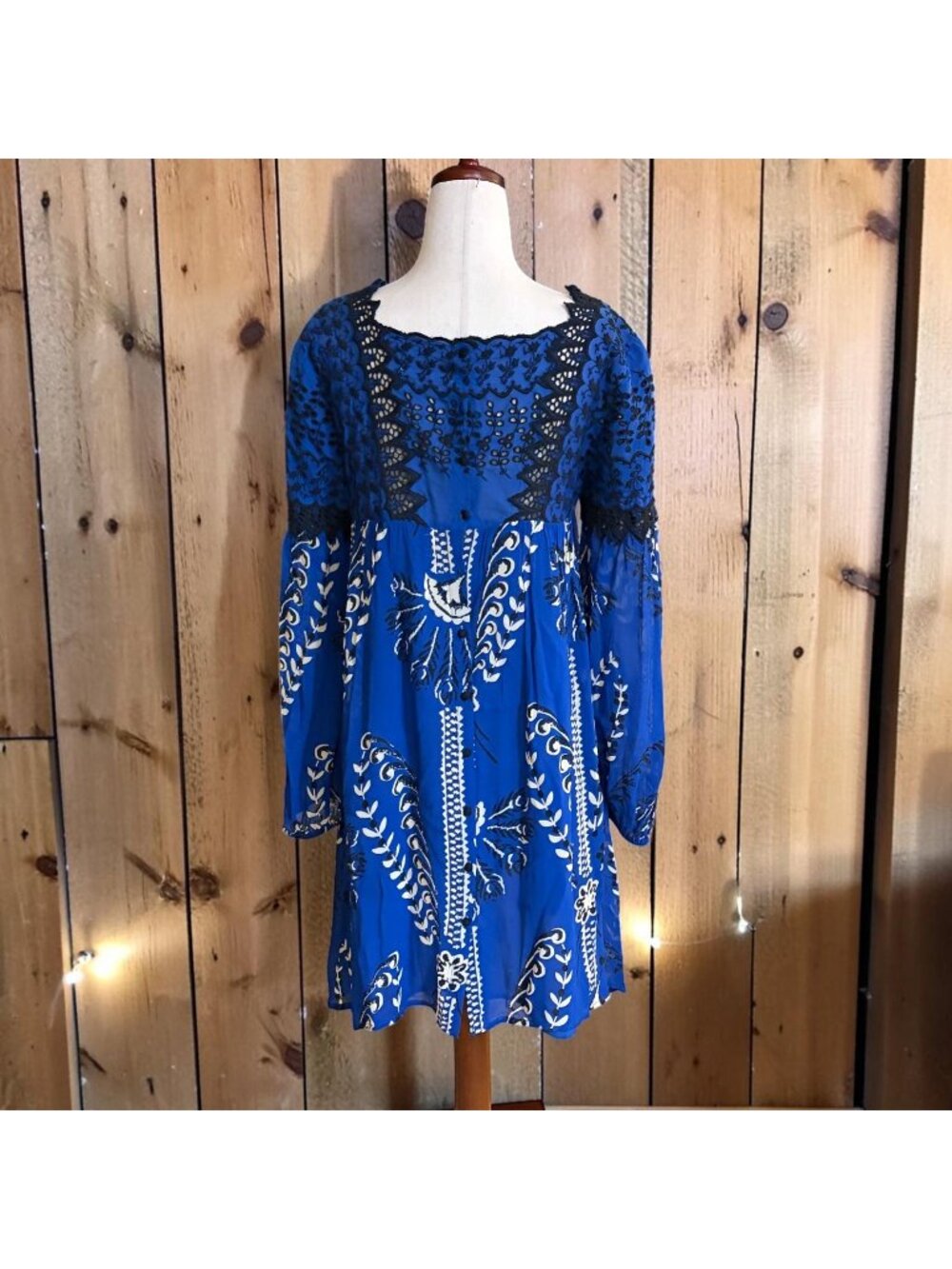 Floreat Blue Embroidered Lace Boho Peasant Mini Dress Size 4 Anthropologie